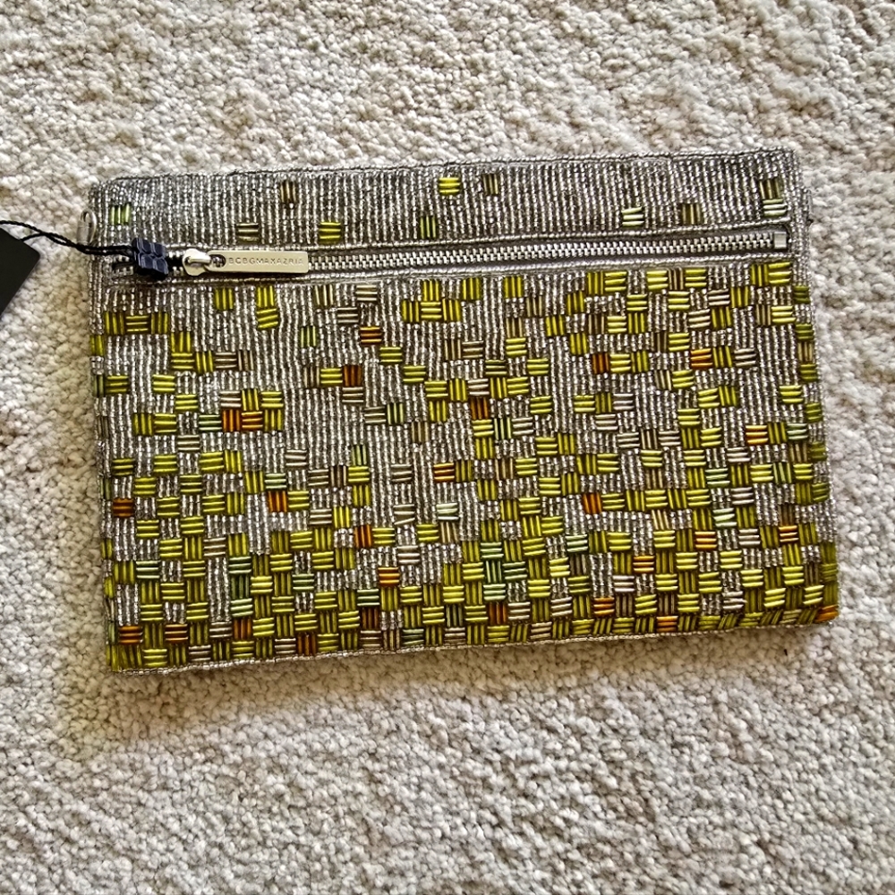 BCBG MAXAZRIA Yellow Gold & Silver Beaded Clutch Handbag